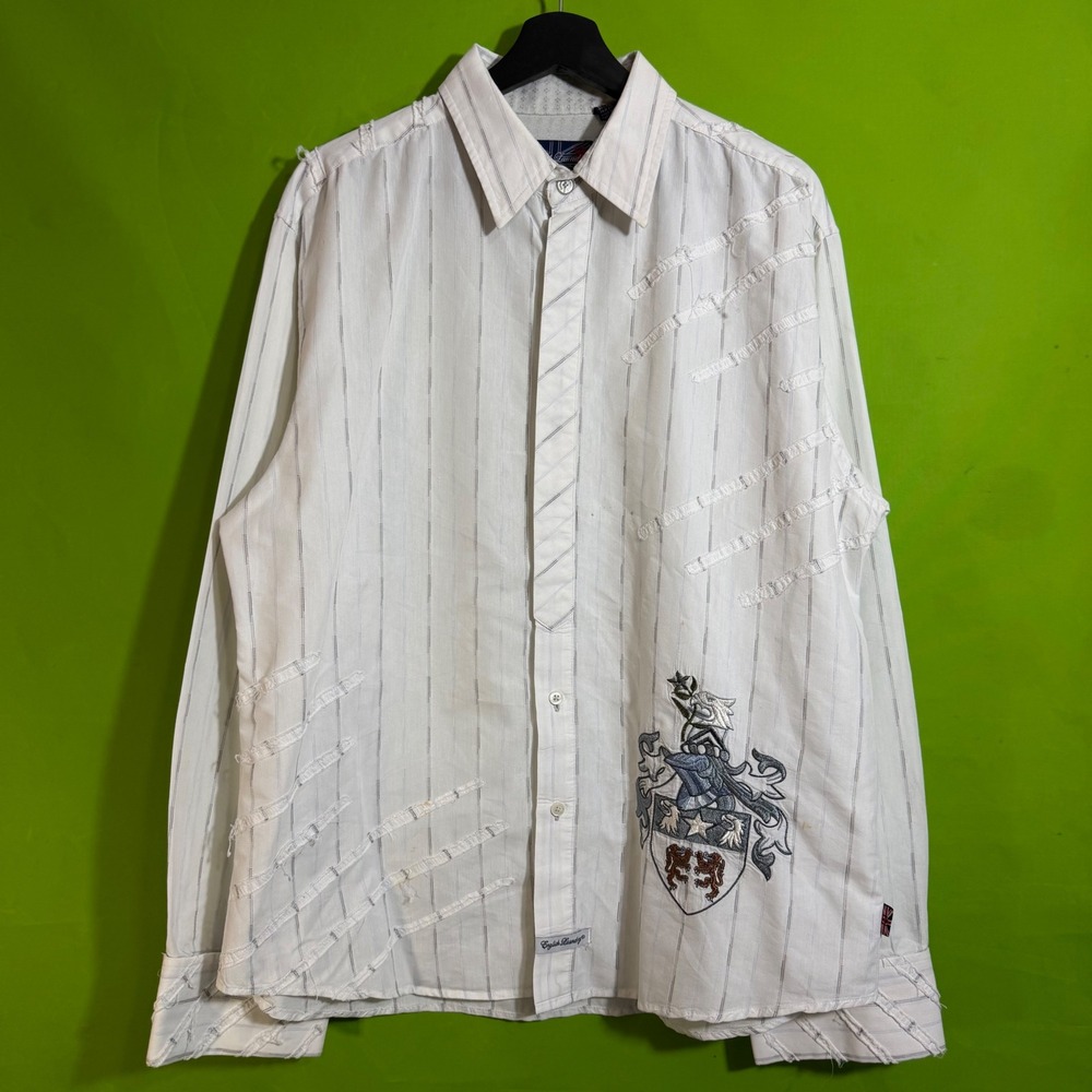English Laundry Mens XL White Pinstripe Crest Distressed Button Down Shirt